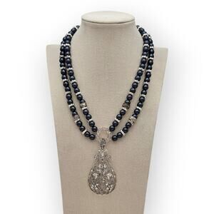 Ornate Silver Teardrop Pendant Black Beaded Double Strand Necklace Baroque Glam